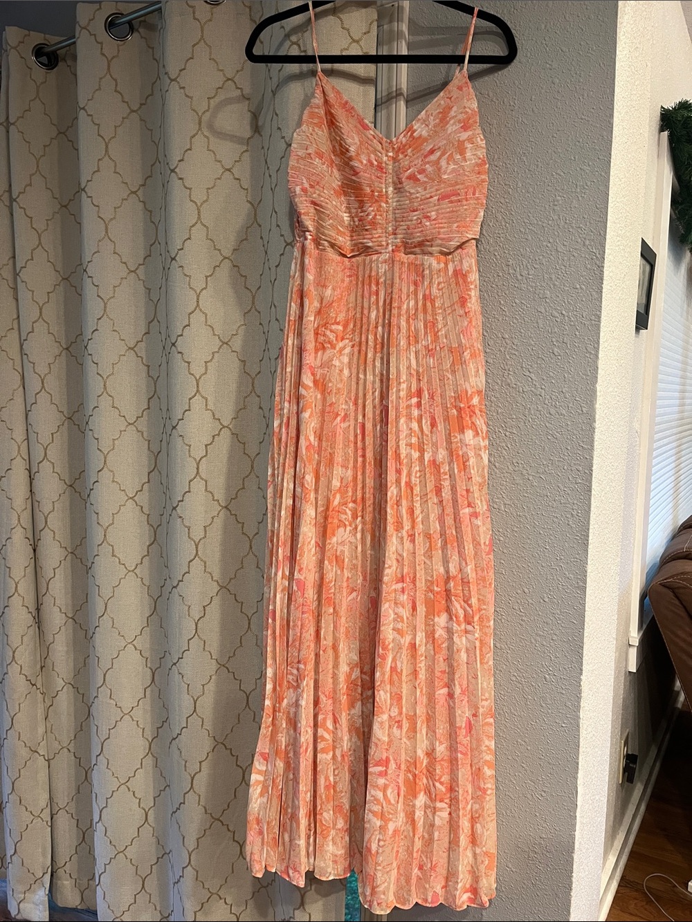 Chelsea28 Peach and Coral Floral Pleated Maxi Dress